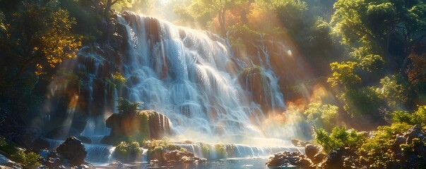 Fototapeta premium Vibrant Life Force: Sunlit Waterfall in Lush Forest Emitting Rainbow Mist