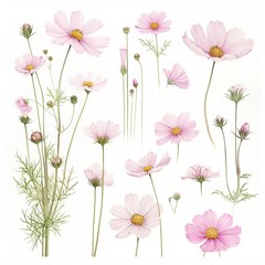 Watercolor cosmos clipart with delicate pink and white flowers