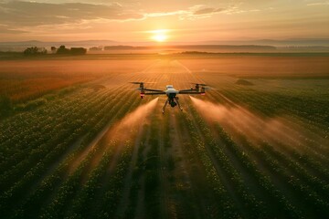 Spraying Pesticides on Agriculture Field at Sunrise with Drone. Concept Agriculture, Pesticides, Field, Sunrise, Drone