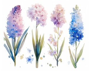 Watercolor hyacinth clipart featuring fragrant blooms in shades of purple and blue - obrazy, fototapety, plakaty