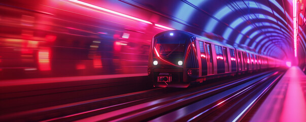 A realistic scenery of a subway car speeding through a tunnel its motion blur captured through a neon light speed long exposure technique emphasizing calming symmetry - obrazy, fototapety, plakaty