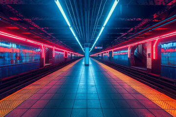 An empty subway station illuminated by neon lights showcasing calming symmetry and a long exposure effect that captures the speed of a departing train