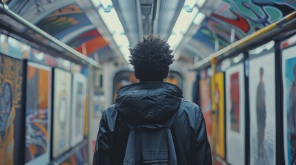 Obraz premium Young adult admiring art on walls of train gallery