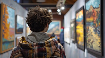 Young adult admiring art on walls of train gallery