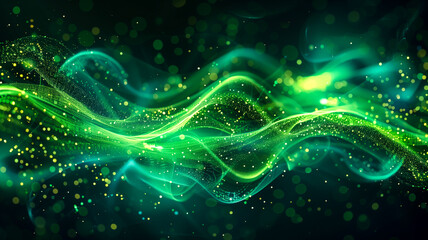 green abstract background with glowing waves and light particles	