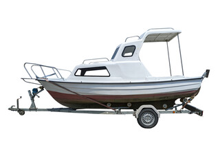 White motor boat on a car single axle trailer side view isolated