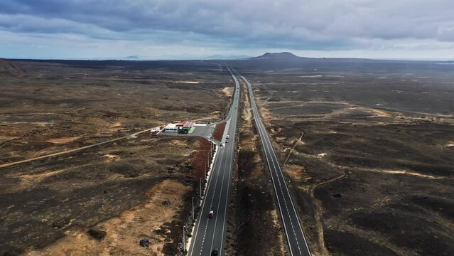 Aerial view of paralel road by the ocean at Lanzarote Spain