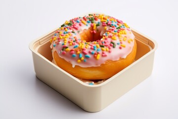 Tasty doughnut in a bento box against a white ceramic background