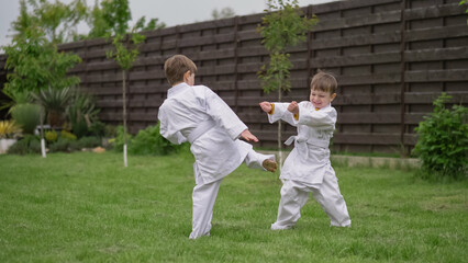 Little cheerful funny kids playing karate in white suit in the garden © MEDIAIMAG