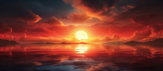 A painting depicting a vibrant sunset casting warm hues over a tranquil body of water, with the sun dipping below the horizon. The sky is ablaze with oranges, pinks, and purples, reflecting