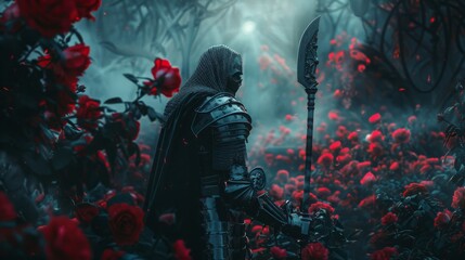 Knight with skull face  with a scythe in armor at grave with red roses. Fantasy concept. - obrazy, fototapety, plakaty