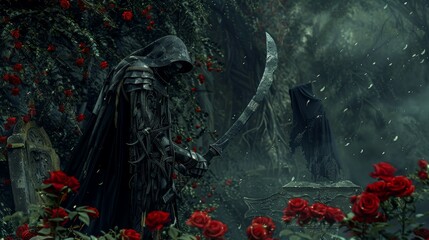 Knight with skull face with a scythe in armor at grave with red roses. Fantasy concept.