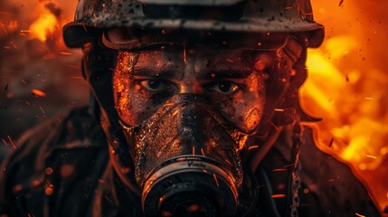 Close up face firefighter in working the disaster zone