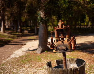 Old rusty hydraulic grape press in an overgrown field in Italy - 768147745