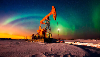 Old oil pumpjack in the middle of a snowy lifeless desert - obrazy, fototapety, plakaty