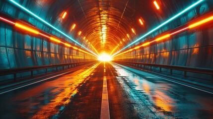 Car lights illuminate a highway road tunnel. - obrazy, fototapety, plakaty