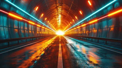 Fotobehang Car lights illuminate a highway road tunnel. © Khalida