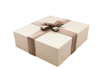 A luxurious white gift box adorned with a sophisticated brown ribbon sitting elegantly