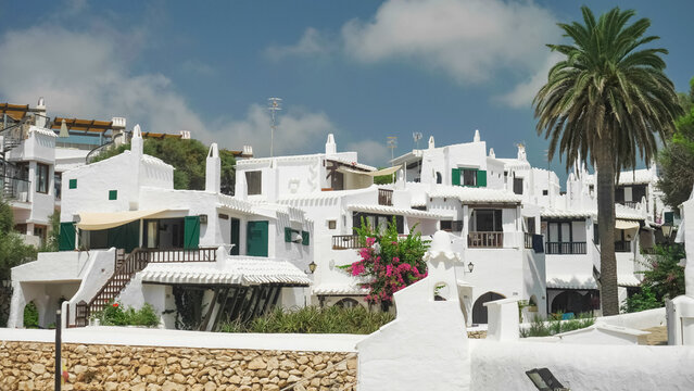 The picturesque Binibeca Village (Binibequer Vell) in Menorca Island Spain and its unique architecture with traditional white houses