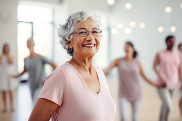 Elderly fitness enthusiasts staying vibrant as they exercise together in the gym, old women practicing yoga - obrazy, fototapety, plakaty