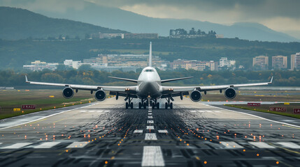 A front view showcases plane as it completes its landing on the runway at the airdrome activity of the airport below highlight the dynamic nature of air travel.