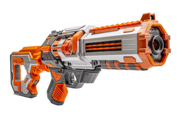 A toy gun featuring an eye-catching orange and white design with futuristic appeal