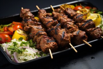 Tempting kebab on a plastic tray against a grey concrete background
