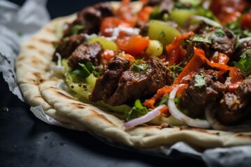 Tempting kebab on a plastic tray against a grey concrete background