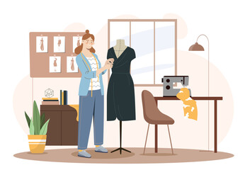 Fashion designer at workshop concept. Woman near mannequin with green dress at studio. Elegance and aesthetics. Seamstress and atelier at workplace. Cartoon flat vector illustration - obrazy, fototapety, plakaty