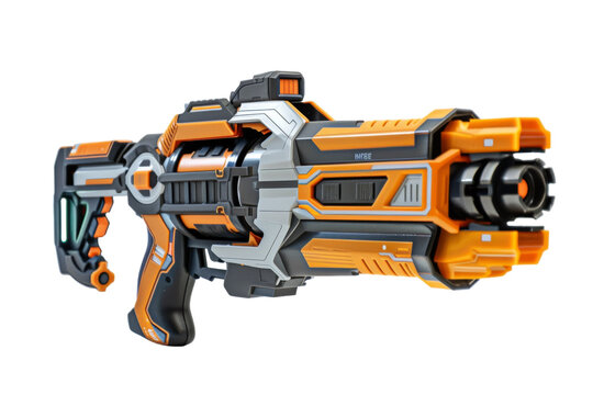 An orange and black toy gun resting on a white background