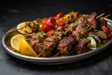 Hearty kebab on a porcelain platter against a grey concrete background