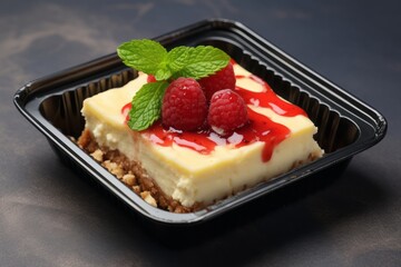 Tasty cheesecake in a bento box against a grey concrete background