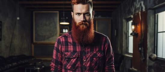 Fototapeta na wymiar A man with a red beard and punk hairstyle stands confidently in an urban fashion studio. He is wearing a trendy shirt and poses for a portrait with a vignette effect, showcasing his unique lifestyle.