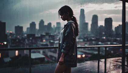 ragazza triste in piedi sotto la pioggia, panorama urbano sullo sfondo - obrazy, fototapety, plakaty