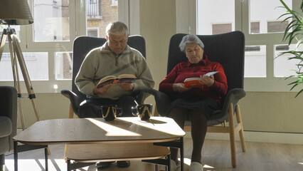 Seniors couple sitting in armchairs and reading books
