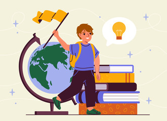 First day of school concept. Boy with backpack near stack of textbooks. Education and learning, training. Schooler with globe and books. Cartoon flat vector illustration isolated on beige background
