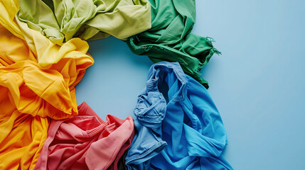 Multicolored pieces of fabric are laid out in a circle on a blue background