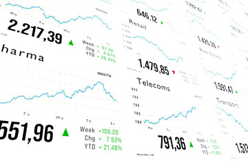 Retail and Telecoms sector index charts and market data. Stock market and exchange, trading, close-up screen, research, investment. 3D illustration