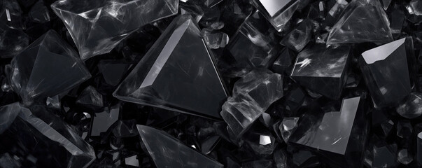 Black crystals, closeup macro detail - abstract crystalline background. Generative AI