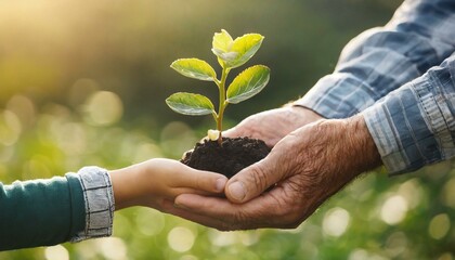 elderly man giving young plant to child's hand on green natural background. Ecology, environment protection for new generation 