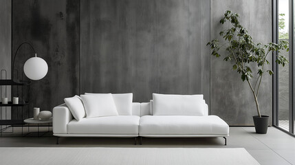 Against the industrial chic backdrop of a concrete paneling wall,  a pristine white sofa, with clean lines and plush cushions, serving as the focal point.