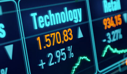 Technology index, market data technology industry. Price information, changes, stock market and exchange, business, sector index, trading. 3D illustration