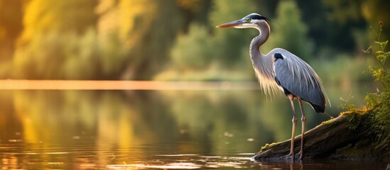 A grey heron, known as Ardea cinerea, is perched on a rock in the water. The bird is standing on the river bank at summer sunset, displaying its long legs and beak in its natural habitat filled with - obrazy, fototapety, plakaty