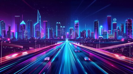 Fototapeta na wymiar Futuristic cityscape at night, featuring bright and glowing neon purple and blue lights on a dark background, with a wide highway in the foreground, presented in cyberpunk and retro wave style.