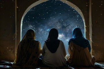 Fototapeta na wymiar A group of muslim womans is gathered under the starry night sky, appreciating the beauty of the landscape. The scene could be a painting depicting an event in blending art, science, and history