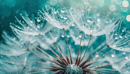 Dandelion Seeds in droplets of water on blue and turquoise beautiful background with soft focus in nature macro.