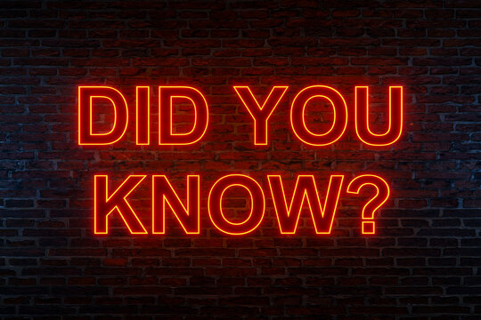 Did you know? Brick wall at night with the text "Did you know?" in orange neon letters. Asking, knowledge, education. 3D illustration