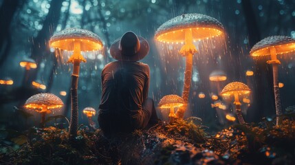 Person Sitting Amidst Mushroom-Filled Forest