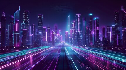 Futuristic cityscape at night, featuring bright and glowing neon purple and blue lights on a dark background, with a wide highway in the foreground, presented in cyberpunk and retro wave style.