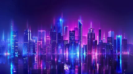 Fotobehang Futuristic cityscape at night, featuring bright and glowing neon purple and blue lights on a dark background, with a wide highway in the foreground, presented in cyberpunk and retro wave style. © Khalida